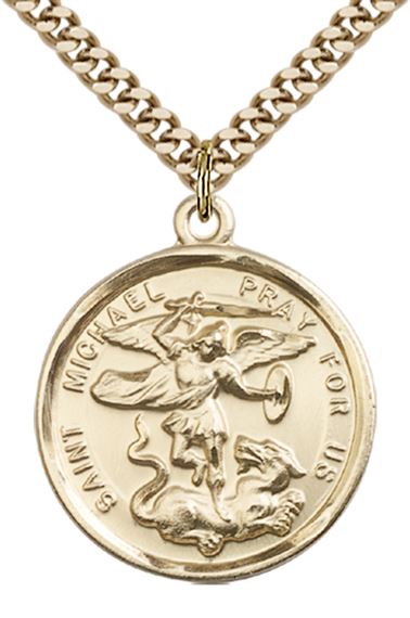 14KT GOLD FILLED ST MICHAEL THE ARCHANGEL PENDANT WITH CHAIN - 1" x 7/8"